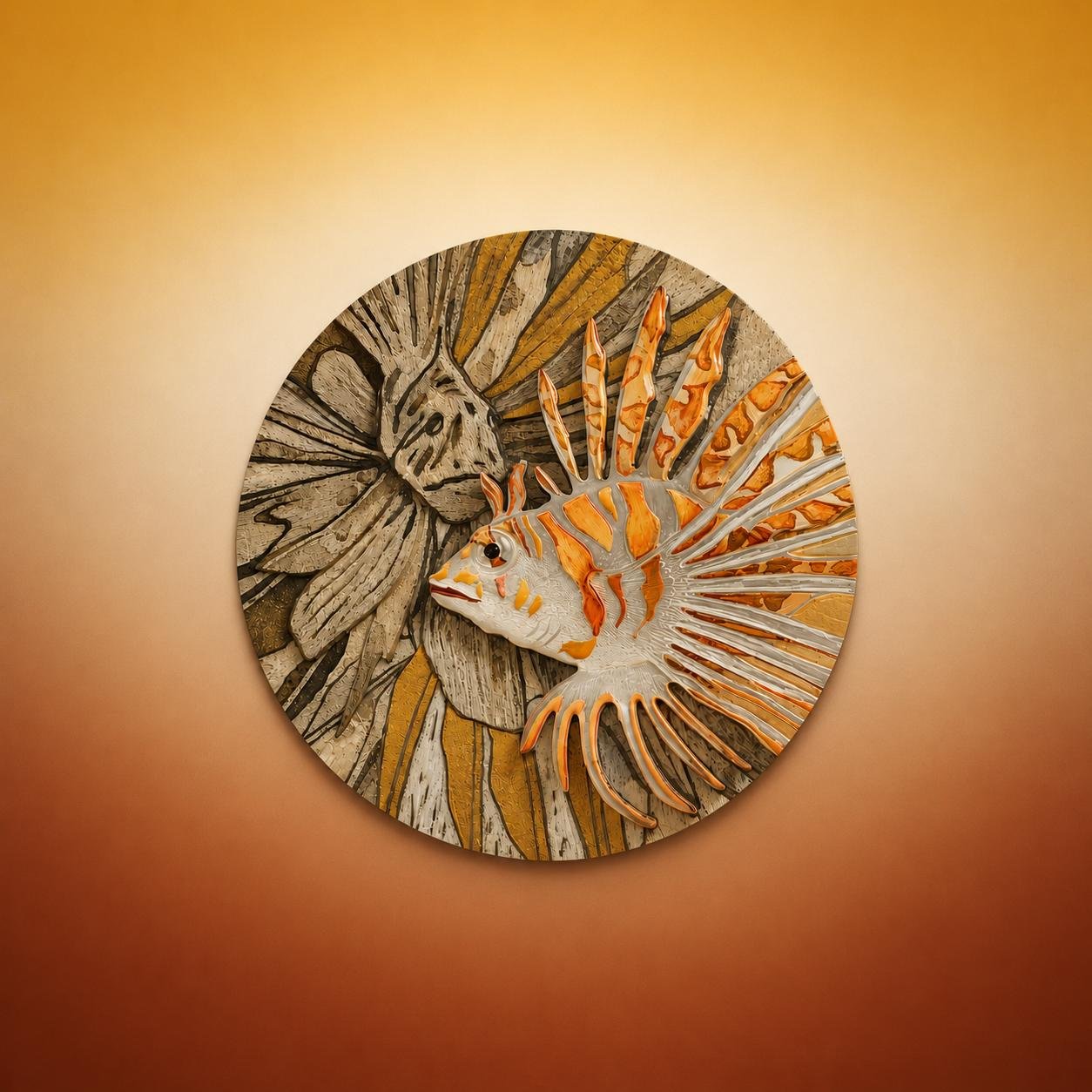 Cadran horloger gravé — poisson-lion polychrome sur fond ambré